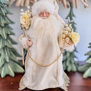Elegant Ivory/Cream/Gold Santa Treetop/Tabletop Decor-Lace Trim-Cream Roses-16"H